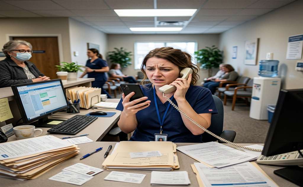 Busy Dental Receptionist Stressed with Phone Calls and Personal Smartphone