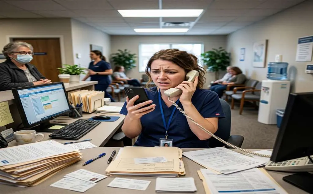 Busy Dental Receptionist Stressed with Phone Calls and Personal Smartphone