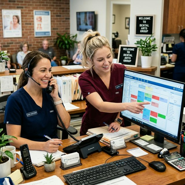 Efficient dental office manager working in a modern office