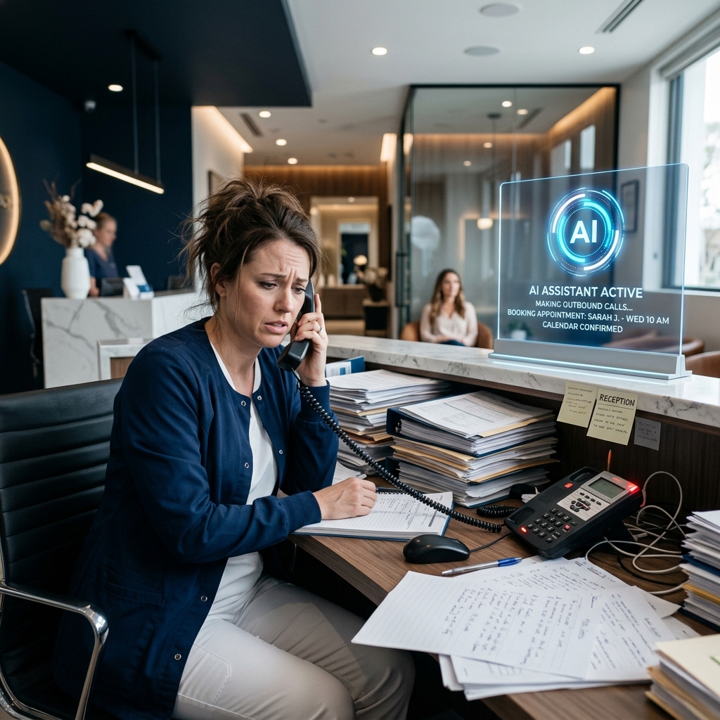 Contrast between manual front desk chaos and efficient AI recall management