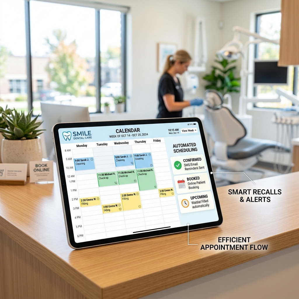 Modern dental practice calendar UI showing automated ASAP list management