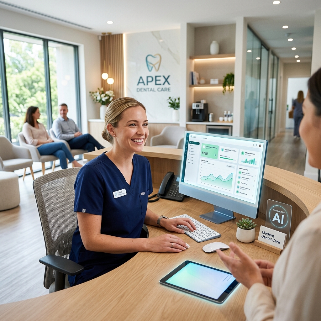 Modern dental front desk with happy employee utilizing AI