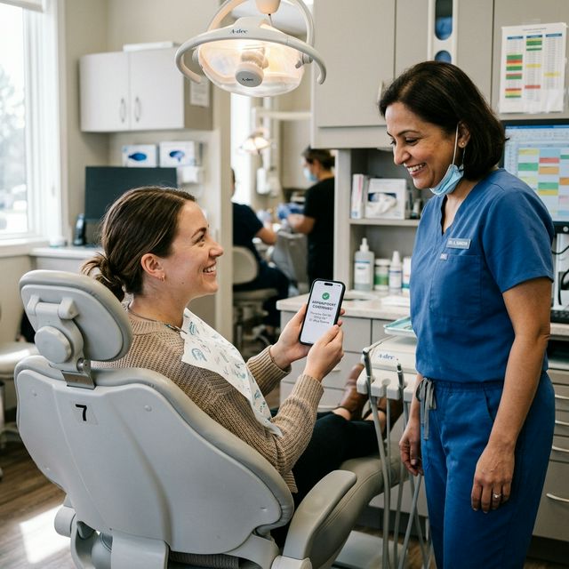 Happy dental patient checking in at a modern desk with a tablet
