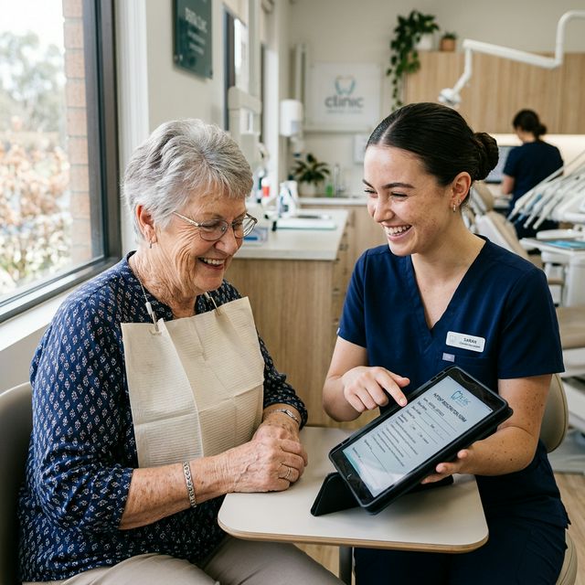 Dentist talking kindly to a patient in a relaxed clinic setting