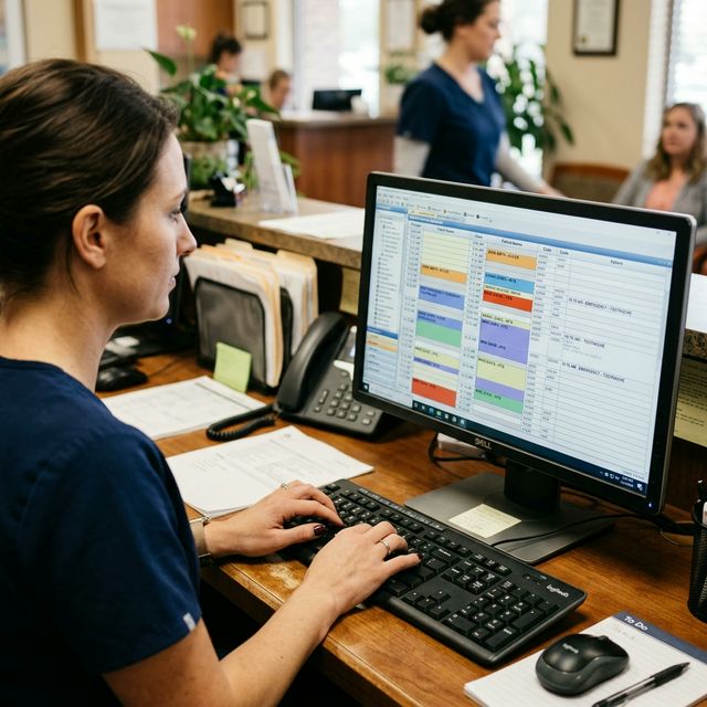 A professional dental office front desk with a monitor showing integration dashboard