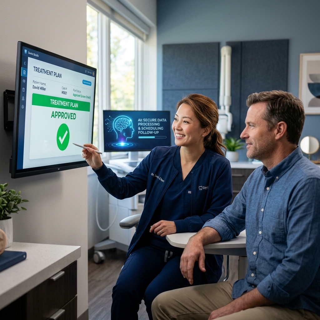 Dental professional discussing approved treatment plan with patient using AI technology