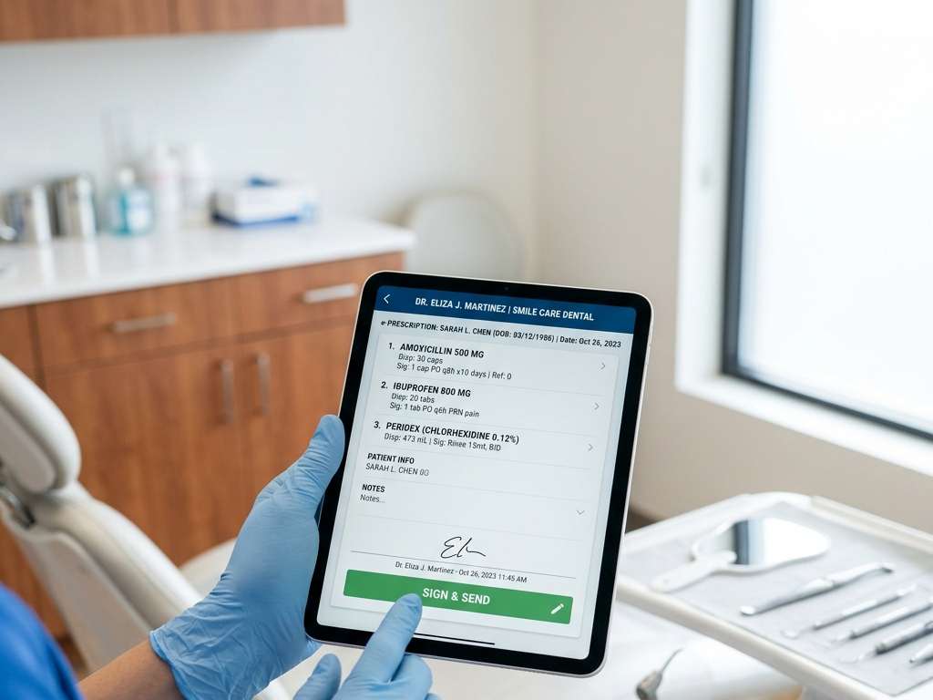 Dentist electronically signing a prescription on a tablet in a modern dental clinic