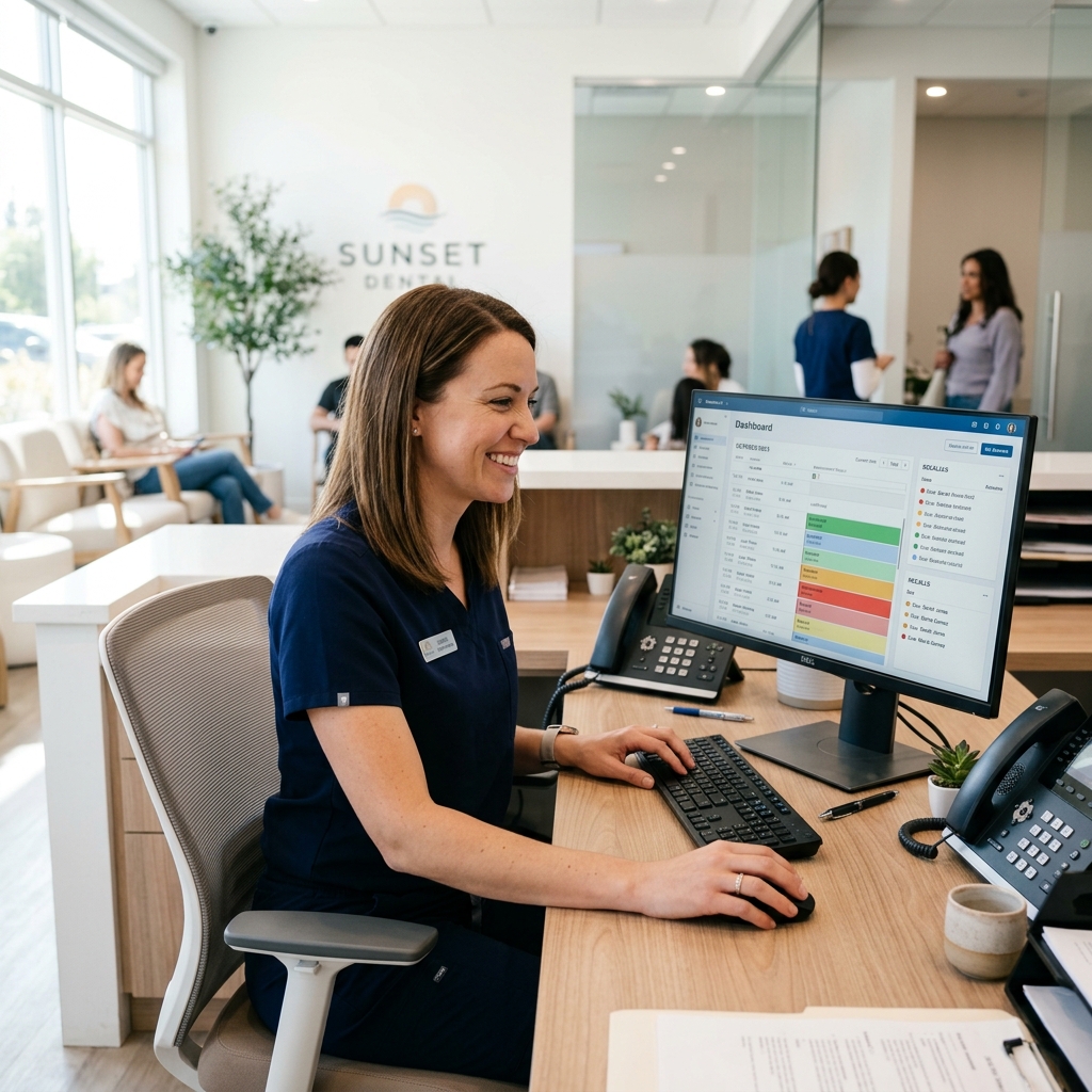 Friendly dental receptionist using PatientXpress automated dental recall software to manage patient scheduling and continuing care