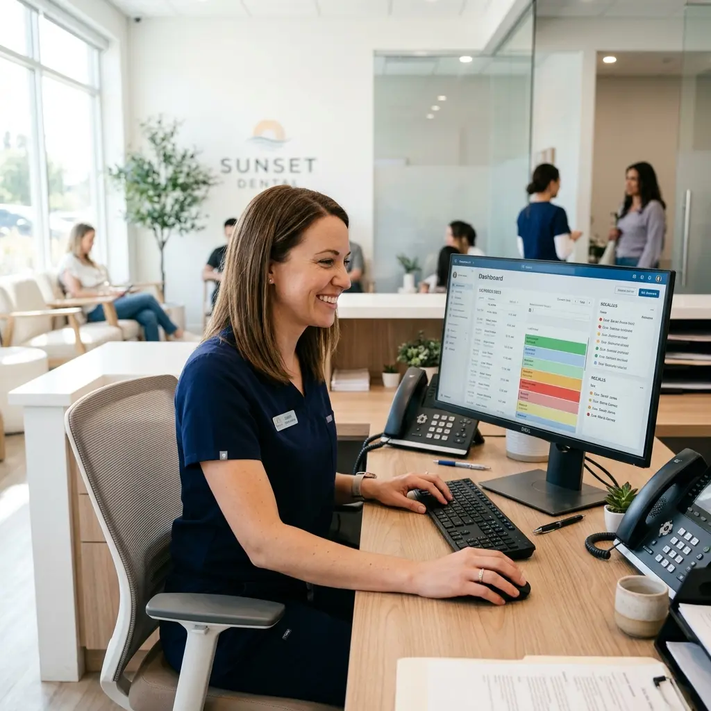 Friendly dental receptionist using PatientXpress automated dental recall software to manage patient scheduling and continuing care
