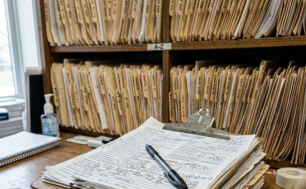 Cluttered Desktop with Messy Paper Dental Charts and Forms