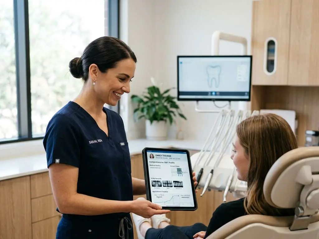 Comprehensive 360-degree patient profile displayed on a tablet in a modern dental office