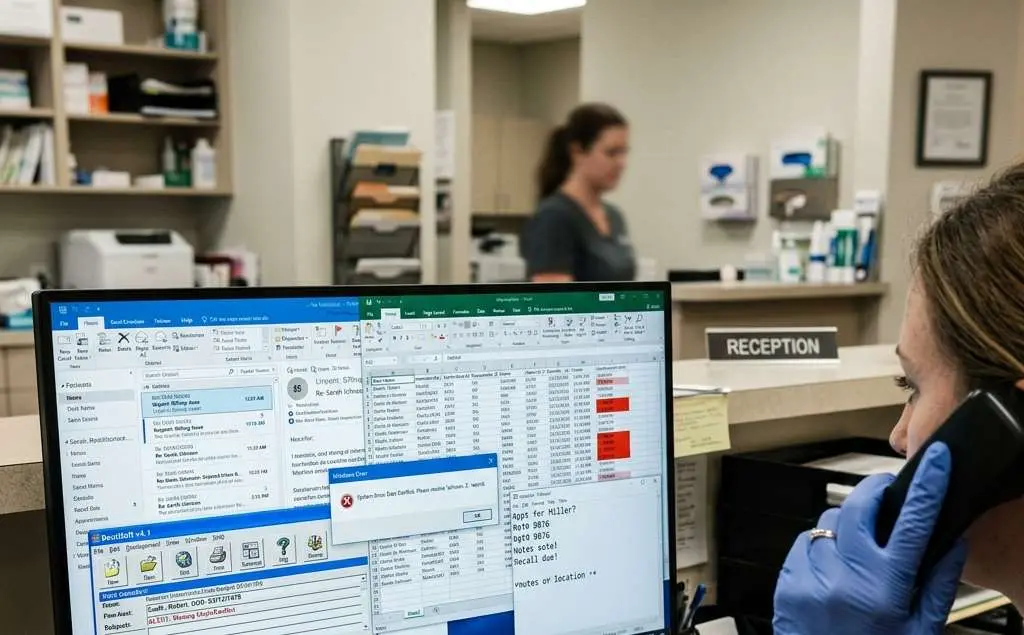 Confusing mess of overlapping software windows and disconnected patient data on a dental office monitor