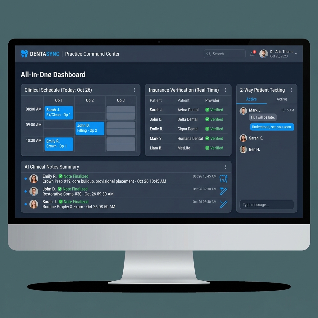 PatientXpress All-in-One Dental Dashboard showing AI clinical notes, insurance verification, and patient communication