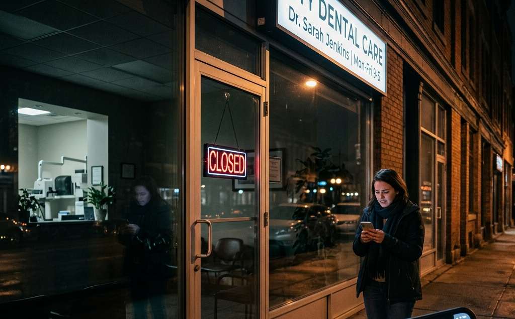 Frustrated Patient Outside Closed Dental Office at Night