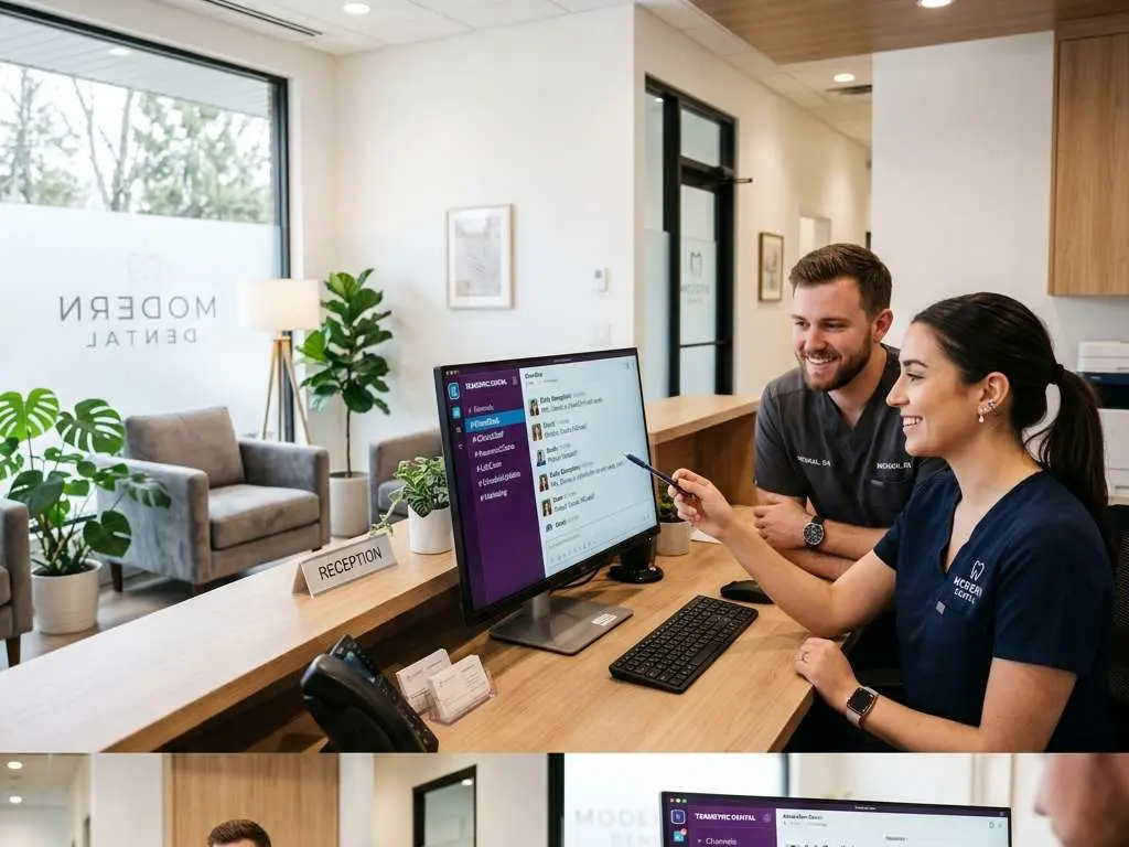 Dental Practice Staff Collaborating via Secure Internal Team Chat Dashboard