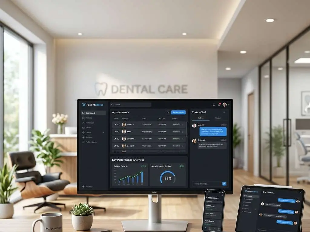 PatientXpress Unified Dashboard displayed on Desktop, Tablet, and Smartphone screens
