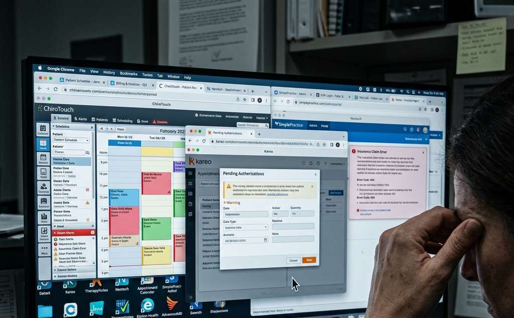 Frustrated Dental Staff overwhelmed by multiple browser tabs and practice management software windows