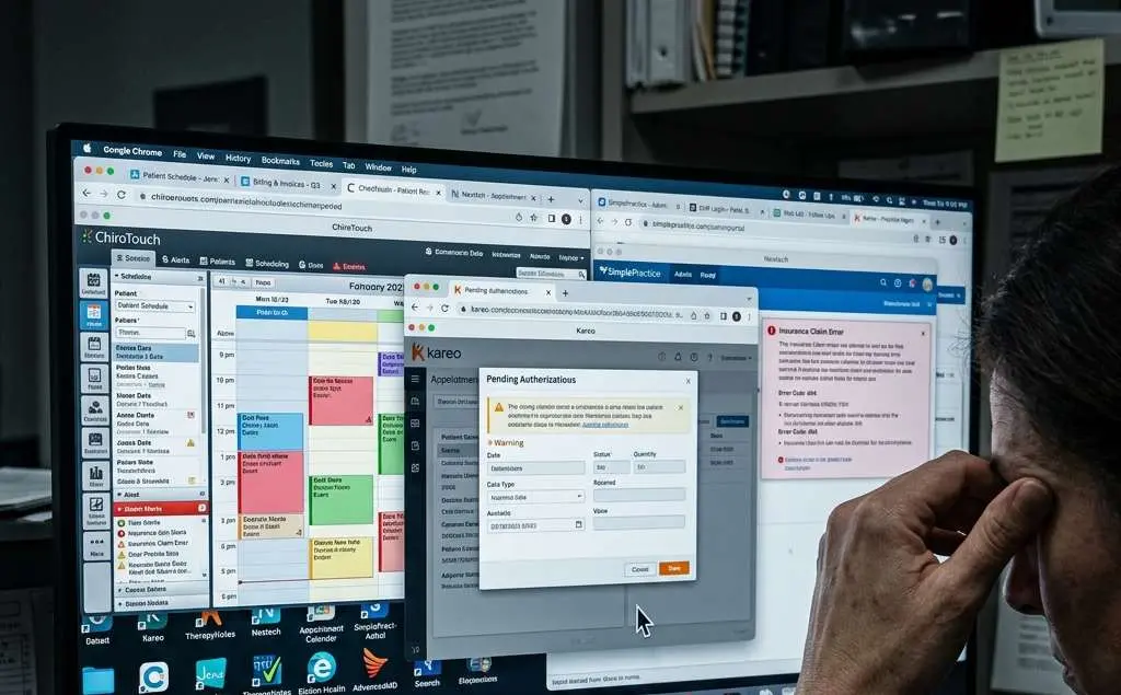 Frustrated Dental Staff overwhelmed by multiple browser tabs and practice management software windows